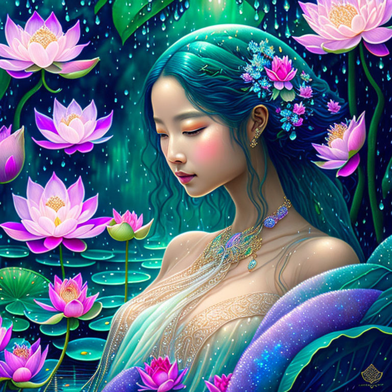 Illustration of woman with green hair and pink flowers in starry sky.