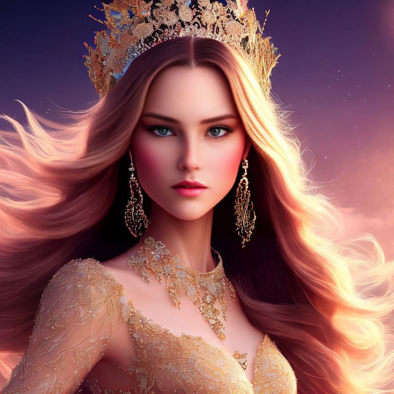 Regal woman in crown and gown against twilight backdrop