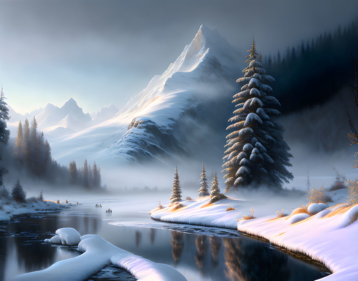 Snow-covered trees and mountains by serene river at sunrise