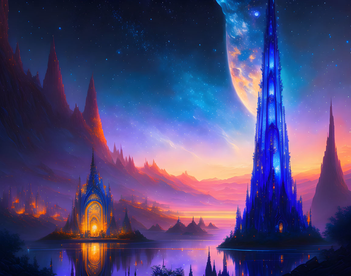 Fantastical night scene with blue towers, starry sky, reflective lake surrounded by mountains