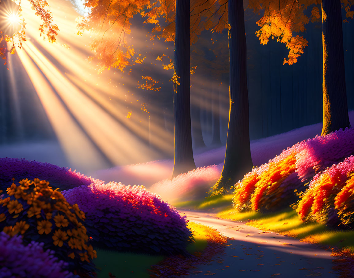 Autumn forest path with sunlight and colorful flower beds