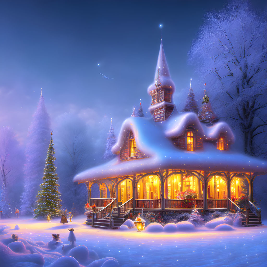 Snowy Twilight Scene: Cozy Cottage, Christmas Tree, Lanterns, Shooting Star