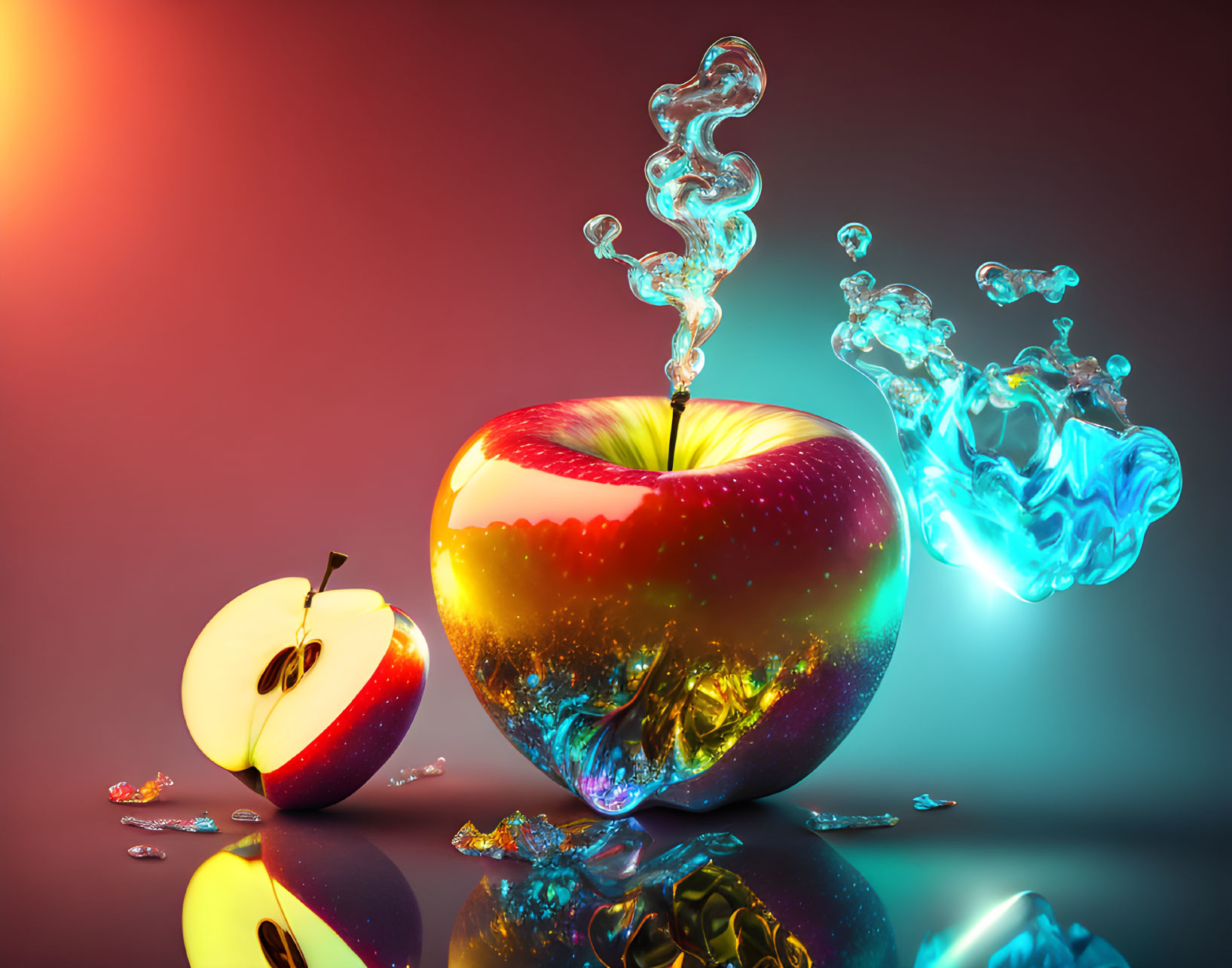 Colorful Digital Art: Sliced Apple with Liquid Splash