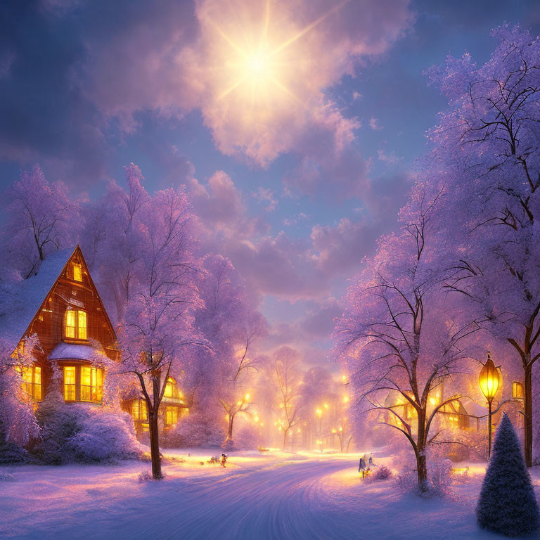 Snow-covered house under starry sky with glowing windows