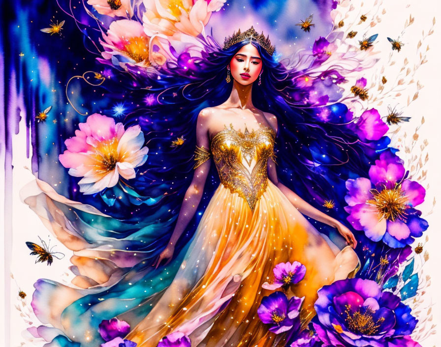 Regal woman in golden garments among glowing flowers