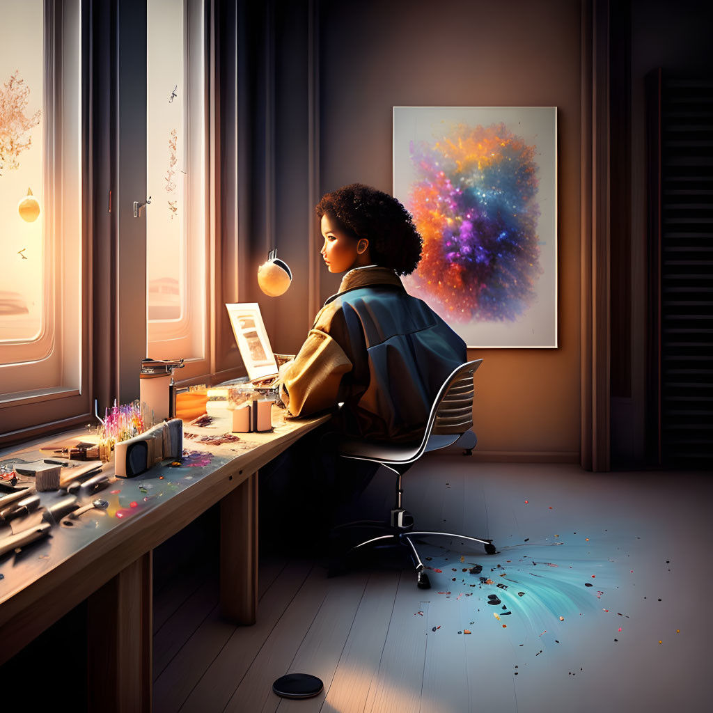 Person at desk with abstract painting, art supplies, and window view at dusk