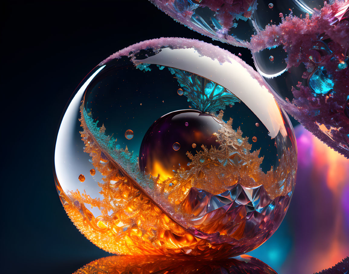 Detailed digital artwork: floating spheres with gold and blue fractal patterns and frost-like textures on dark background