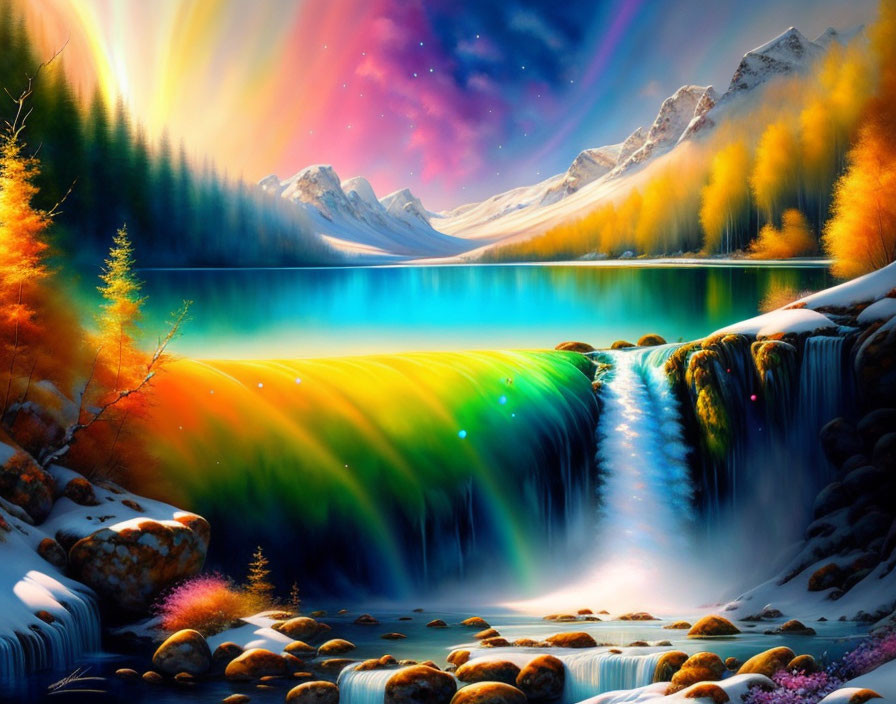 Colorful trees, waterfall, aurora lights, lake, mountains - serene landscape scene