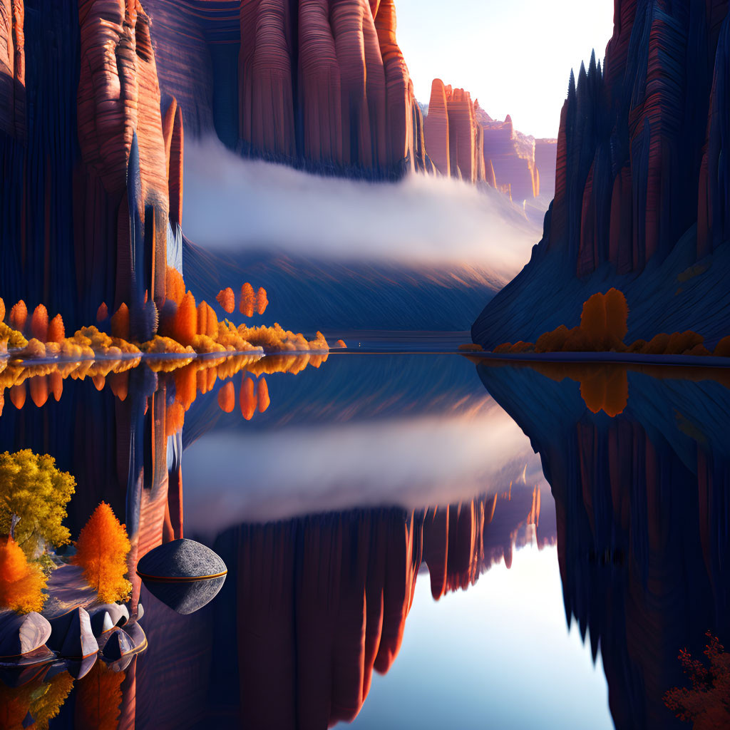 Tranquil lake scene with boat, mist, and autumn trees