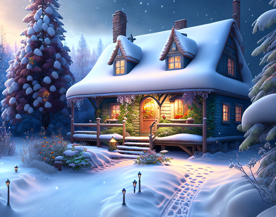 Snow-covered cottage with Christmas decorations in serene winter landscape