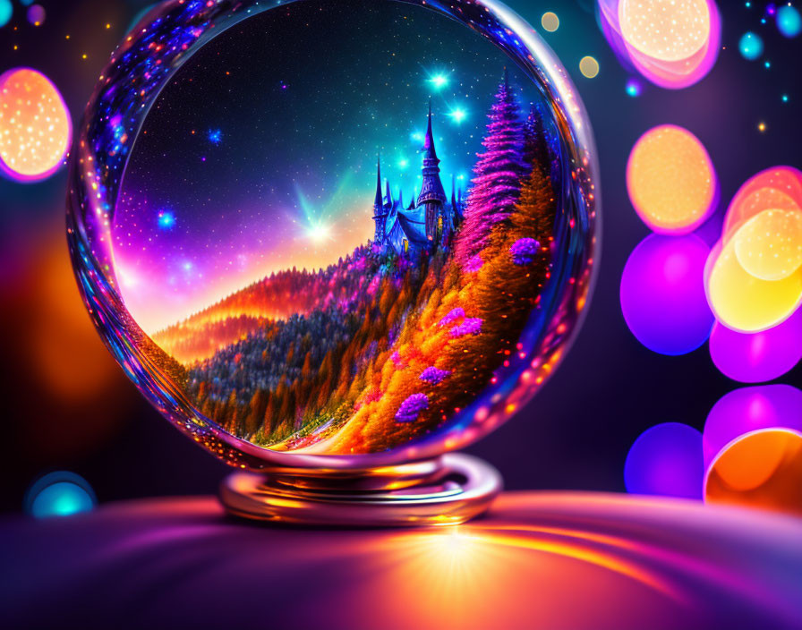 Crystal ball reveals enchanted castle and glowing trees in magical landscape