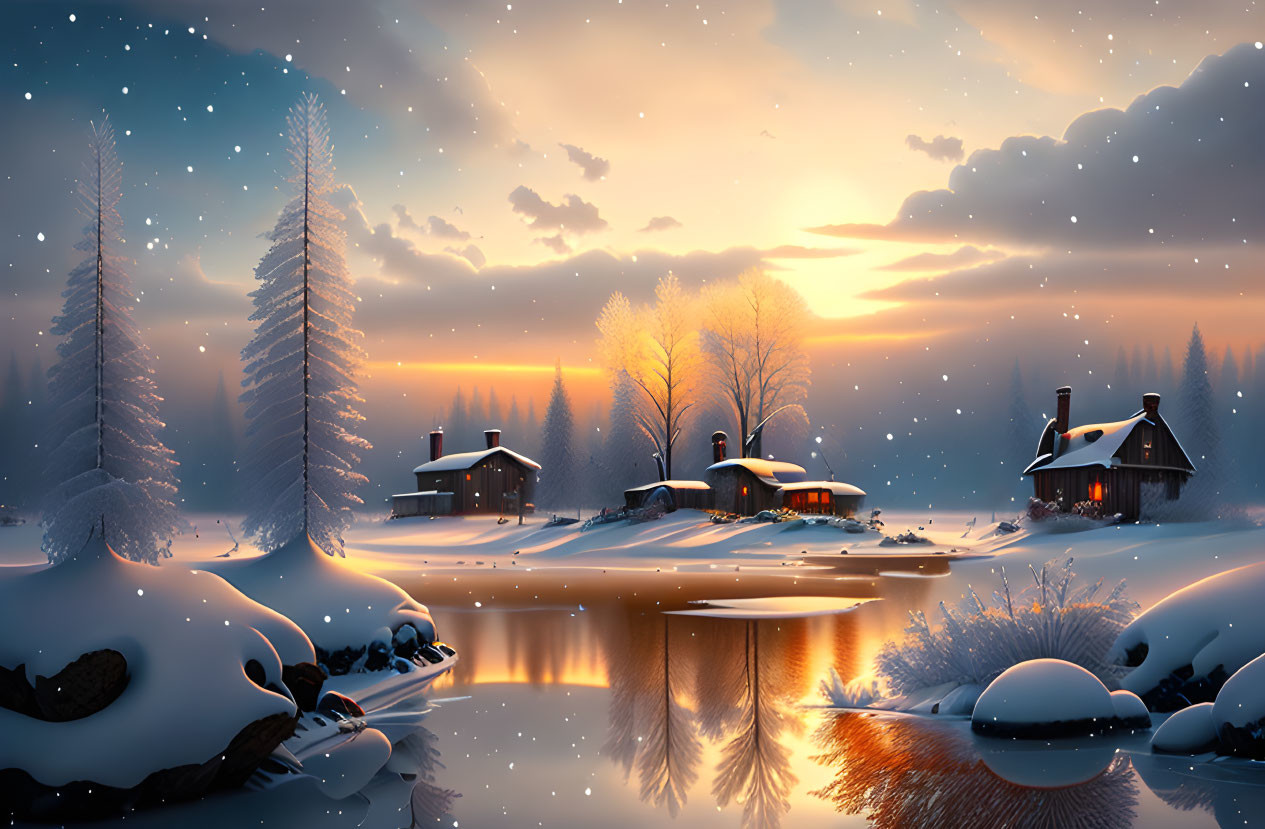 Snow-covered houses and trees by calm river at sunset