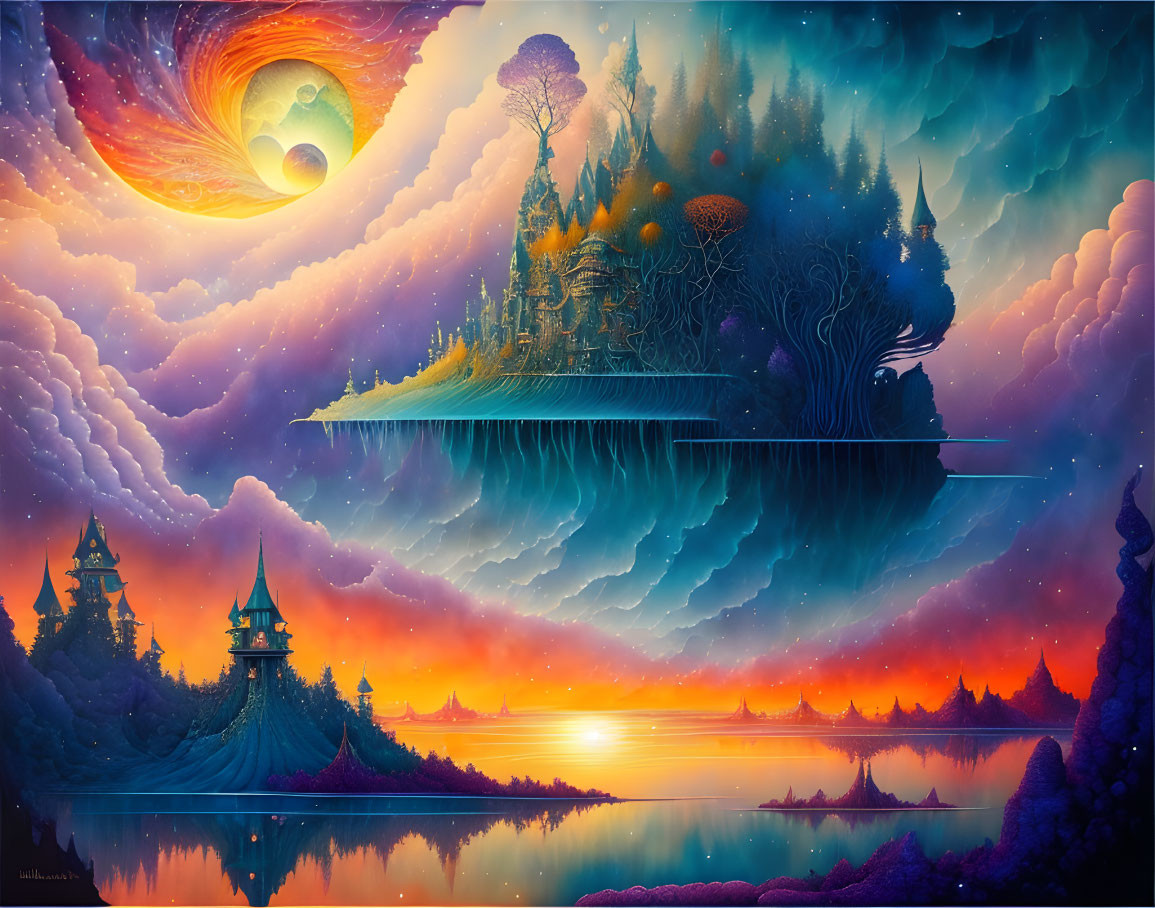 Colorful fantasy landscape with floating islands, whimsical trees, and surreal sunset