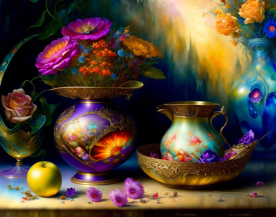 Vibrant still life painting with ornate vases, flowers, lemon, and petals