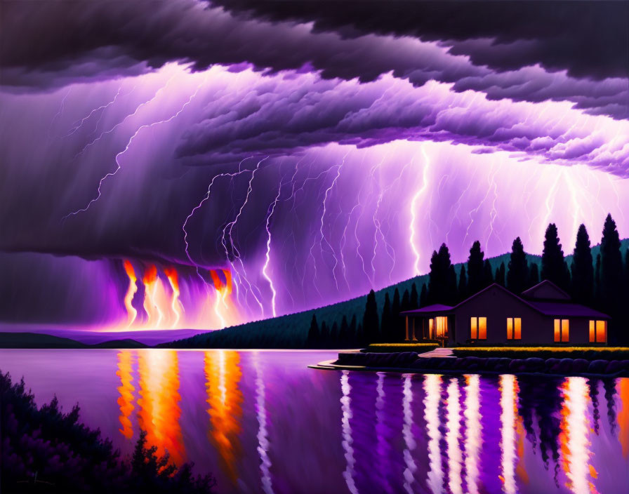 Vivid lakeside house artwork under dramatic thunderstorm