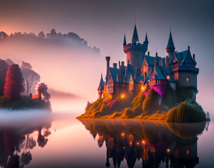 Majestic castle with turrets reflected in tranquil water amid mystical foggy landscape