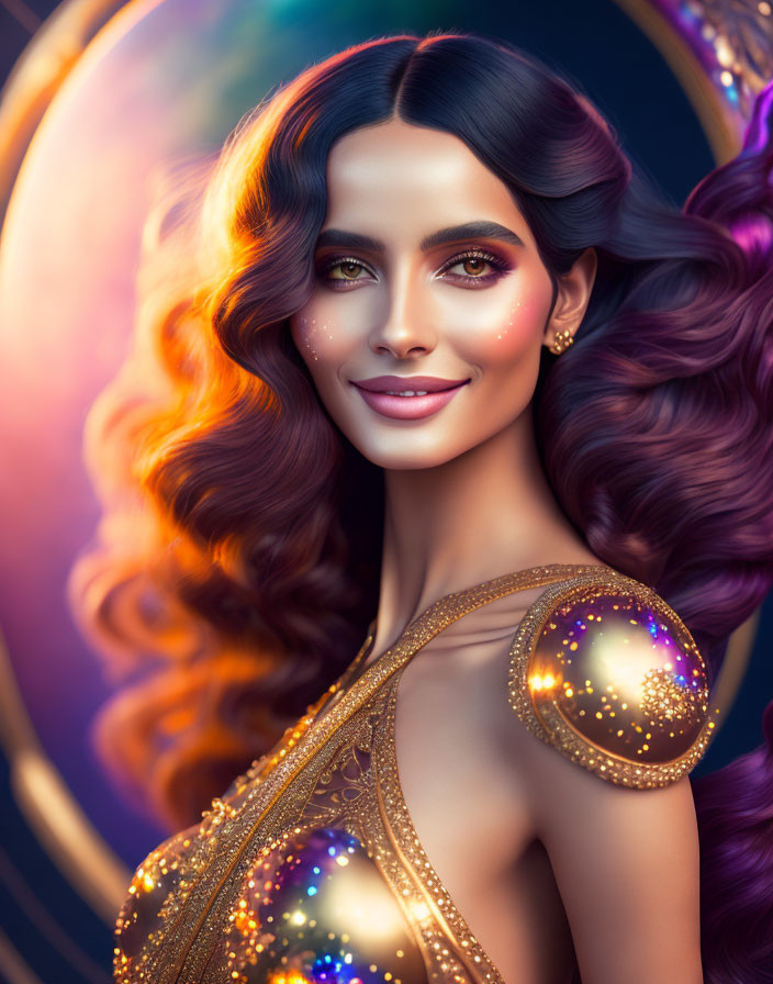 Illustrated woman in flowing hair and golden dress on cosmic background