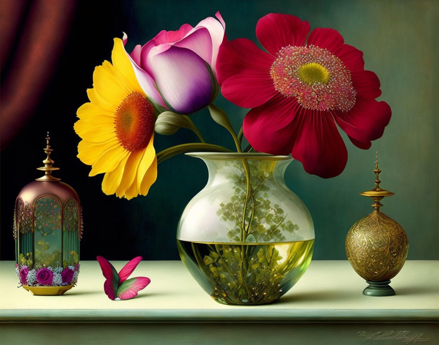 Colorful Still Life Painting with Tulip, Sunflower, Lantern, and Sphere