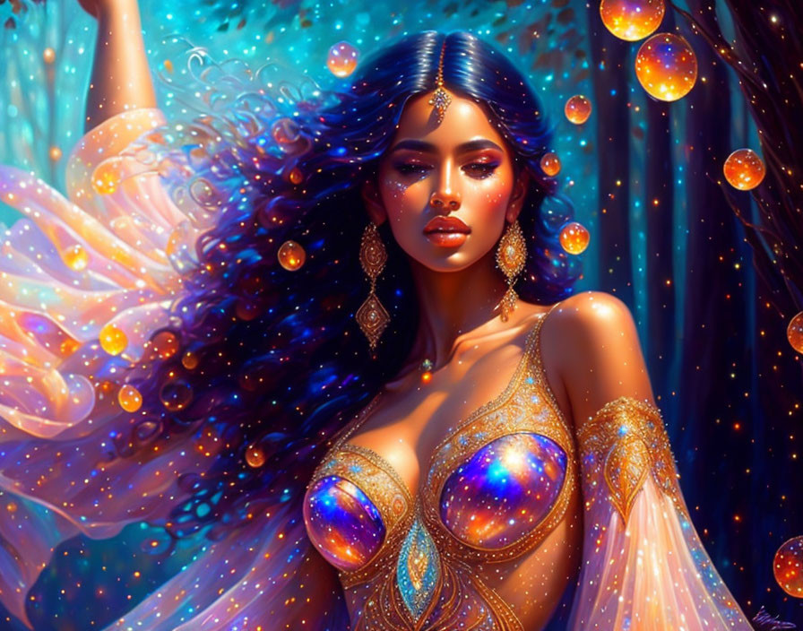 Radiant woman in gold and jewels amidst cosmic swirls