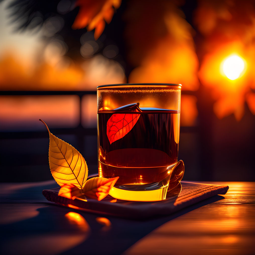 Sunset illuminated glass of tea with warm light, shadows, and autumn leaves on table