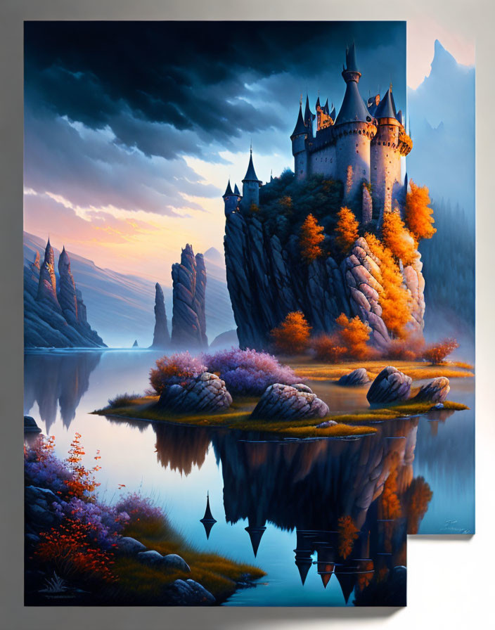 Fantastical landscape with illuminated castle, autumn trees, calm waters, and misty mountains