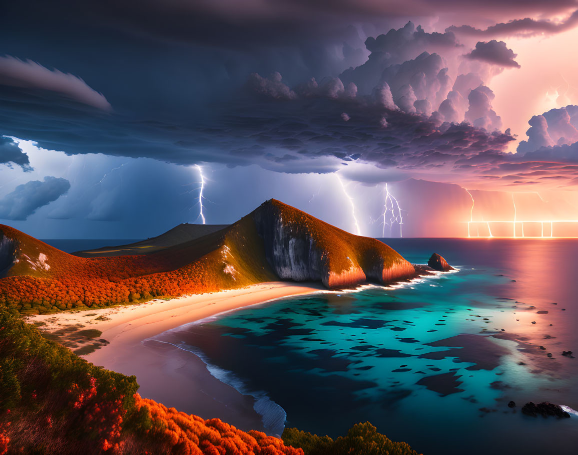 Stormy sky with lightning over vibrant coastal landscape