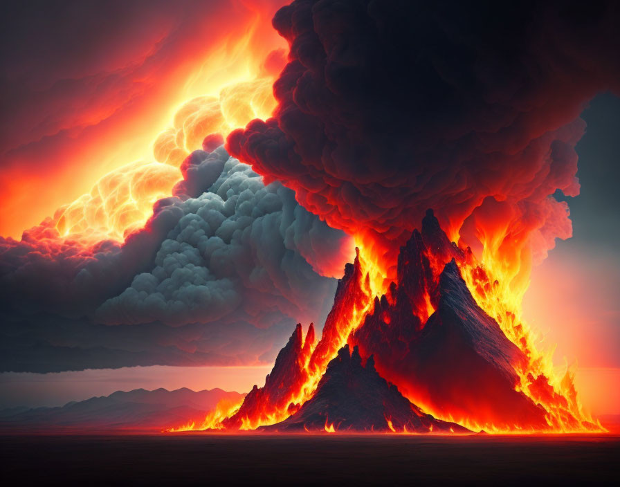 Fiery lava flows and massive ash plume in volcanic eruption