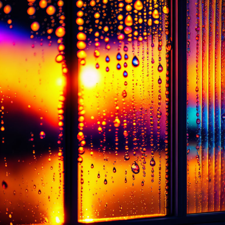 Multicolored neon-lit bokeh effect on raindrop-covered windowpane