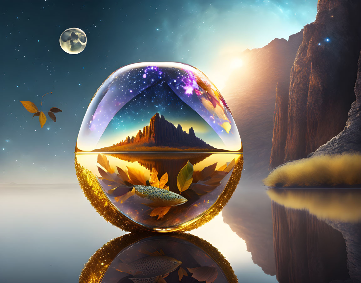 Surreal landscape with crystal ball, starry sky, moon, rocky cliffs, lake, and