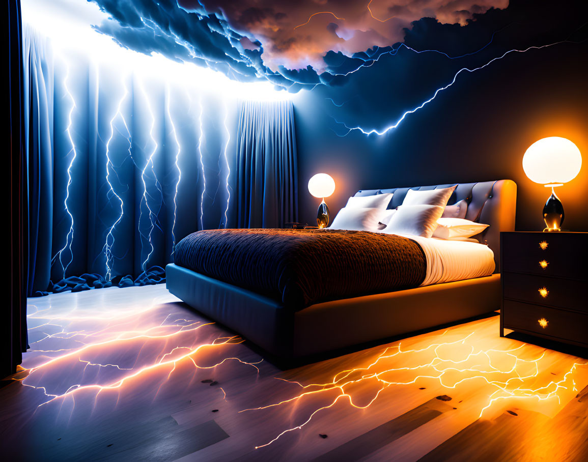 Surreal bedroom with dramatic lightning effects and storm clouds.