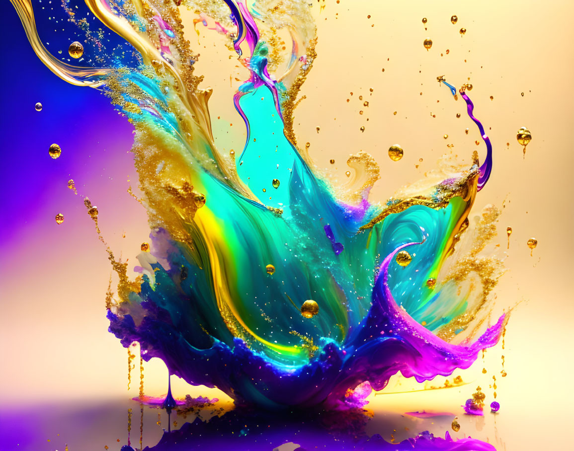 Vibrant liquid splash with dynamic swirls in blue, purple, and gold on warm gradient.