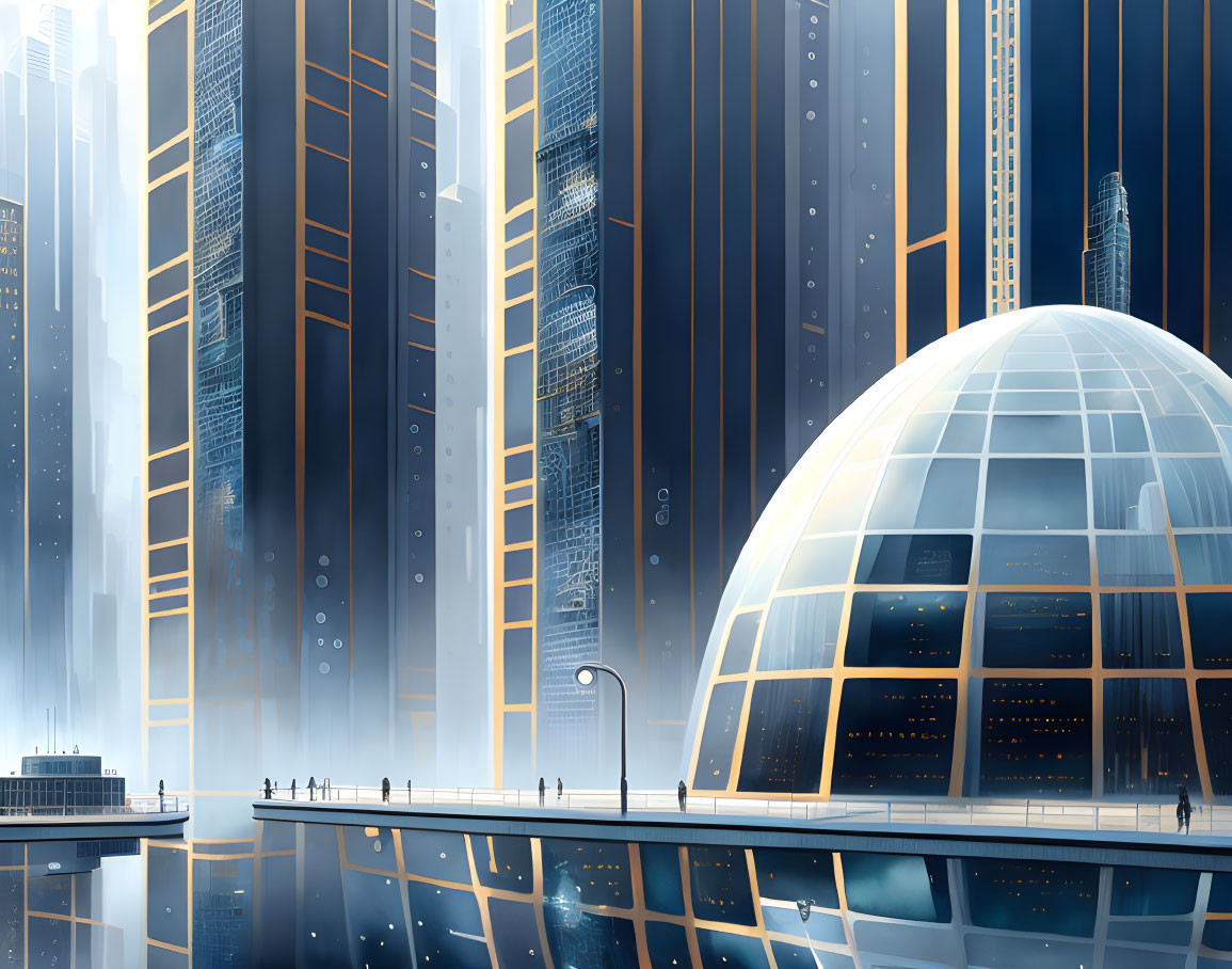 Futuristic cityscape with skyscrapers, dome, pedestrians, and blue haze