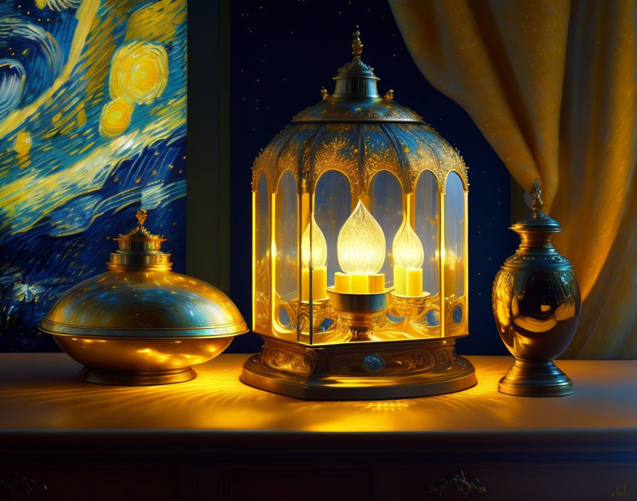 Ornate golden lamp and intricate vessel against Starry Night backdrop