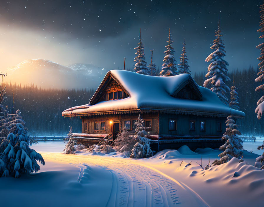 Snowy pine forest cabin under starry sky in twilight