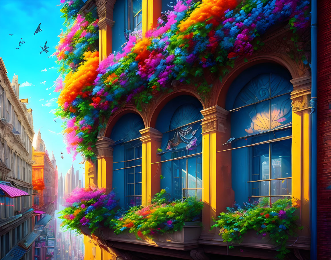 Vibrant building balconies with colorful flowering plants under blue sky.