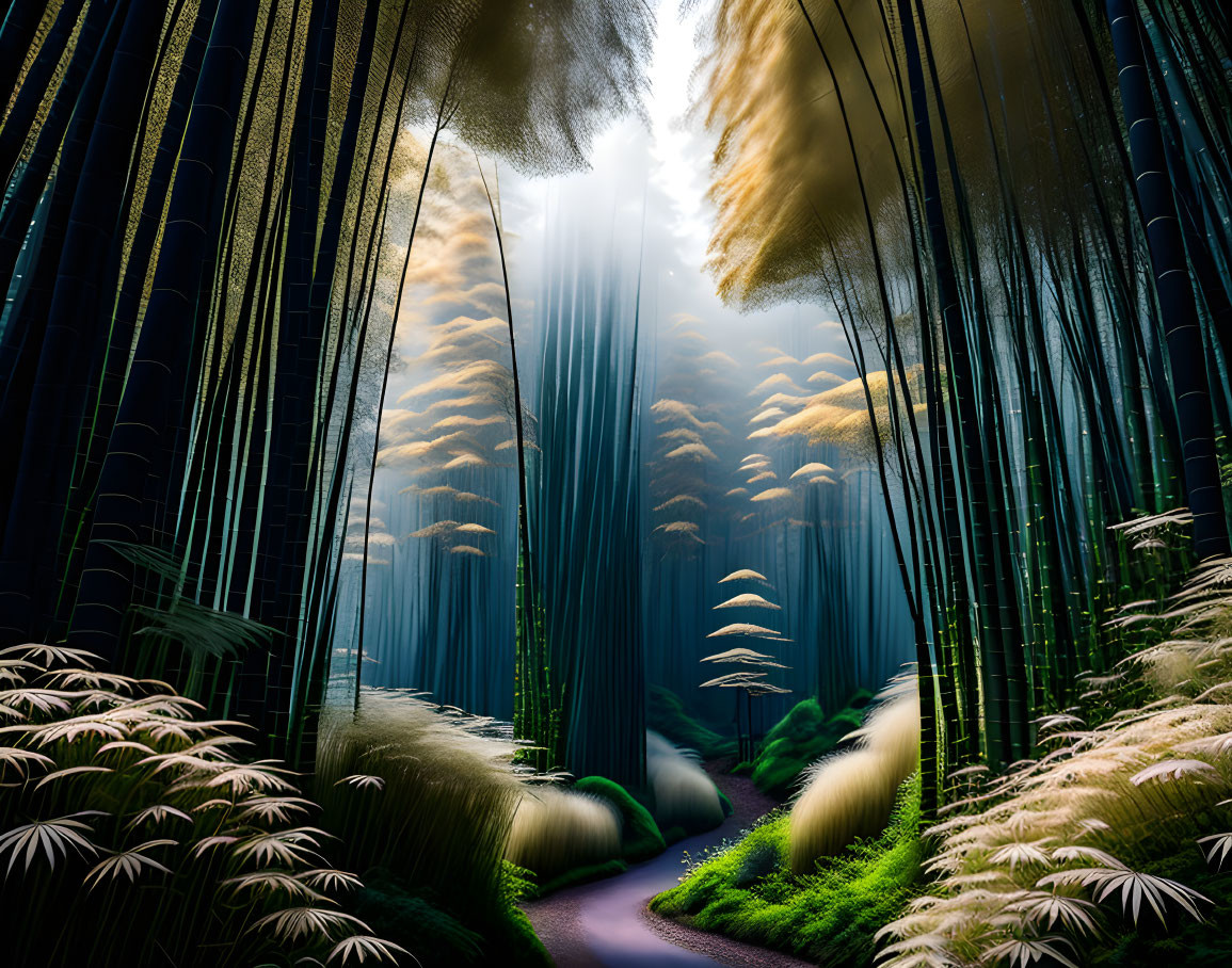 Tranquil bamboo forest pathway under dappled sunlight