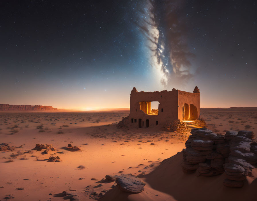 Abandoned desert building under starry sky with Milky Way and warm glow