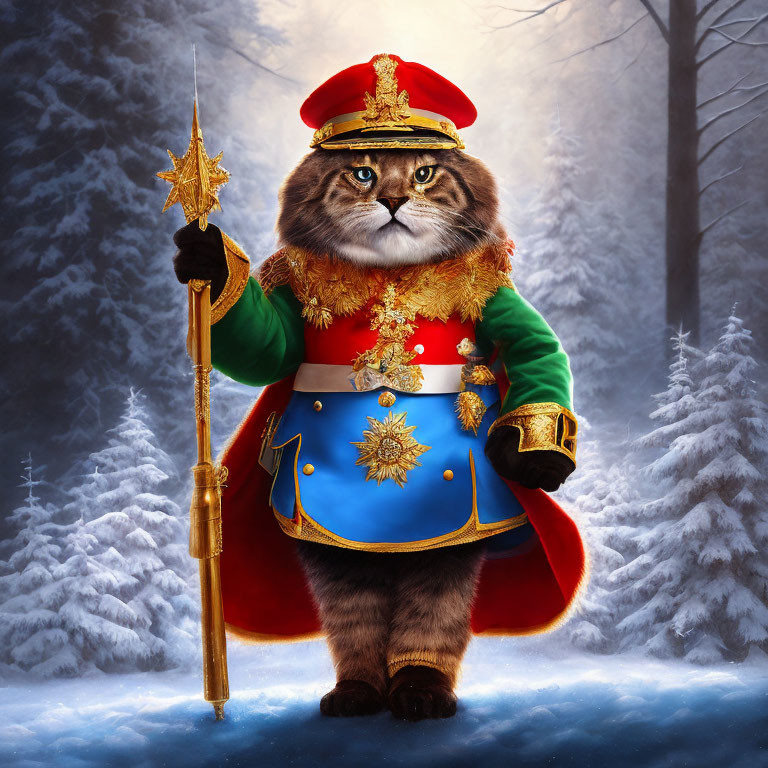 Regal cat in historical uniform with scepter in snowy forest