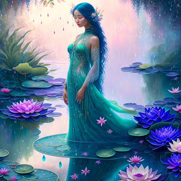 Ethereal woman in teal dress surrounded by water lilies under twilight canopy