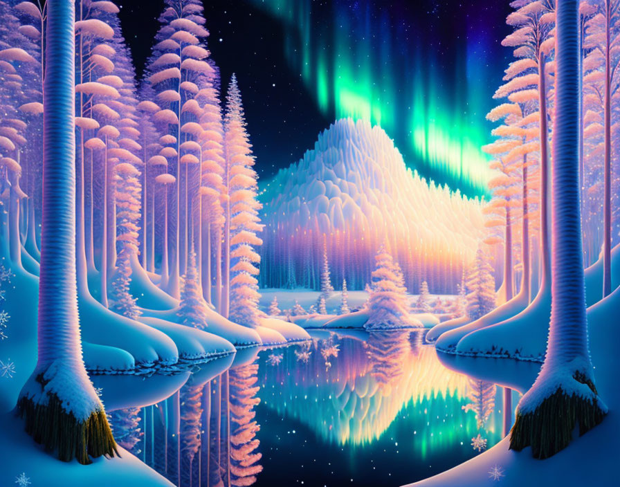 Snow-covered trees, icy river, mountain backdrop, vibrant aurora borealis