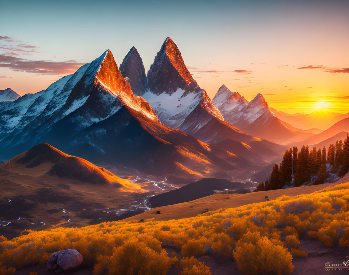 Scenic sunrise over illuminated mountain peaks