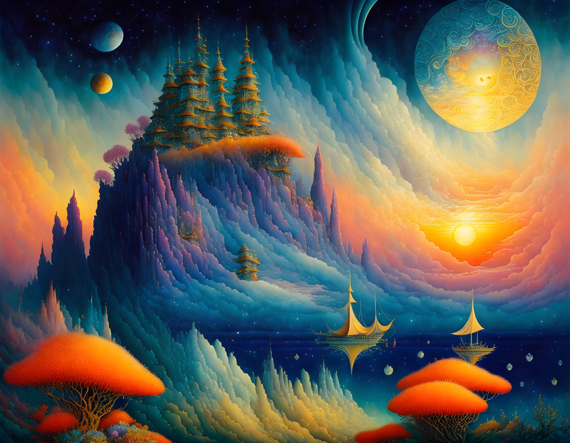 Fantastical landscape featuring floating islands, towering trees, celestial bodies, sailing ships, and colorful waves