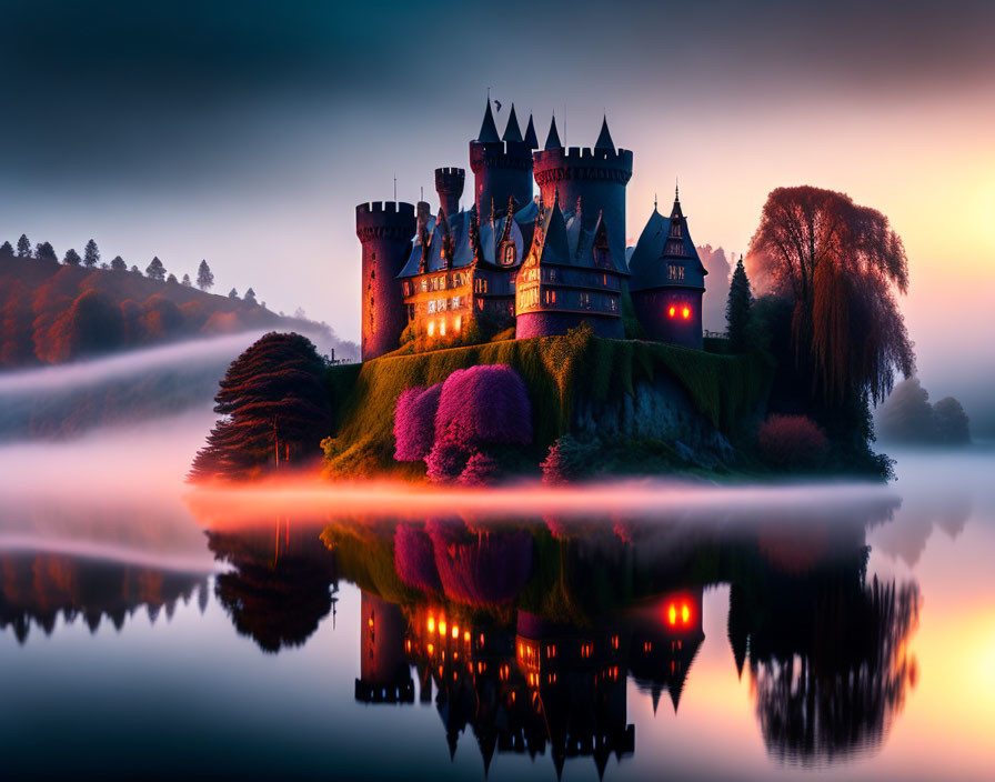 Majestic castle in mist with glowing lights reflected on water