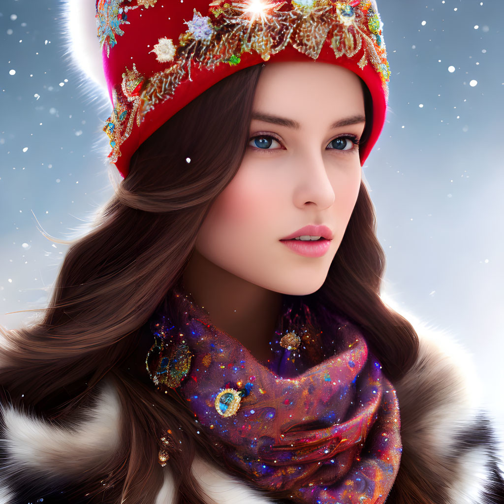 Woman with Long Brown Hair in Red Beanie & Colorful Scarf in Snowy Setting