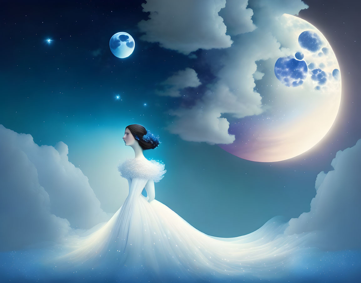 Woman in flowing white gown gazes at surreal sky with two moons and starry backdrop