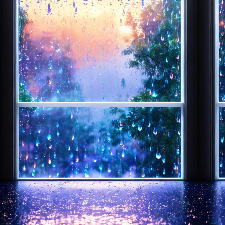 Raindrops on windowpane with twinkling lights and reflections.