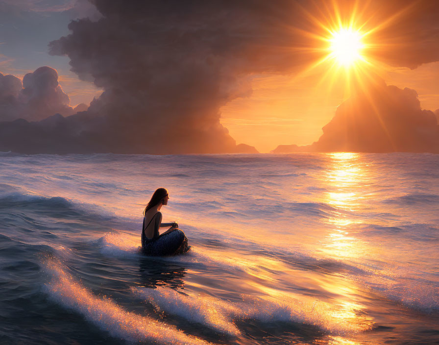 Woman floating on serene ocean at sunset with golden sun path and dramatic clouds