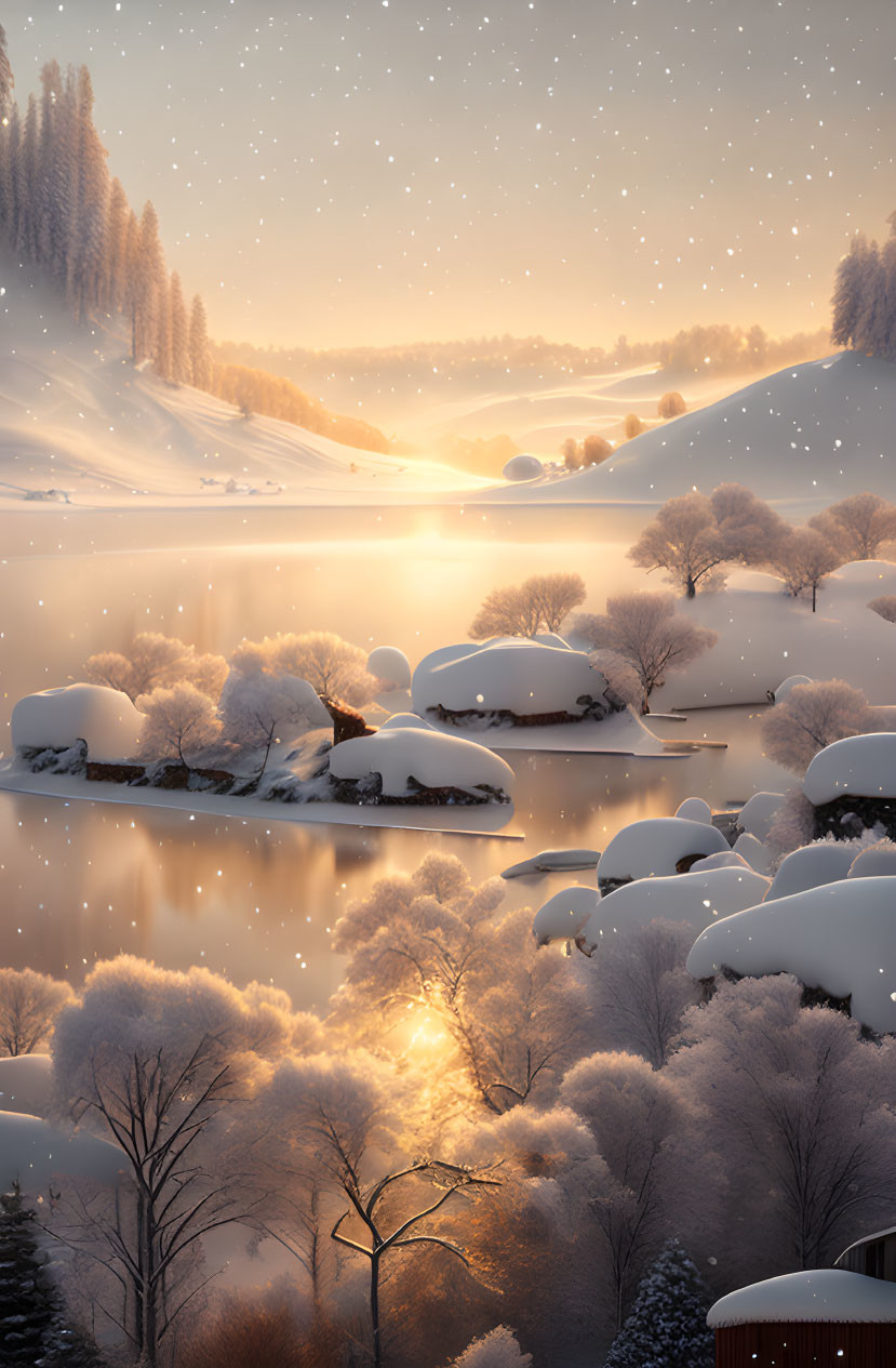 Tranquil winter landscape with golden sunrise, snowy trees, and starry sky