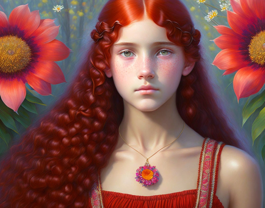 Vibrant red-haired girl with green eyes in floral setting