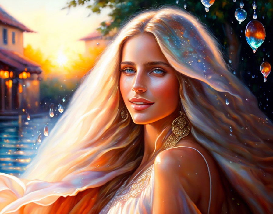 Blonde woman with gold earrings in sunset ambiance